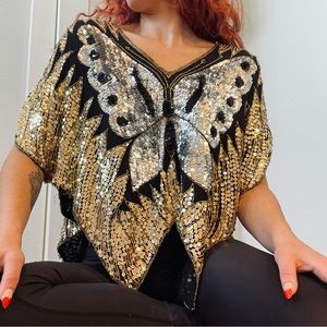 Vintage Hand-Sewn 100% Silk Beaded/Sequined Gold, Silver & Black Top
